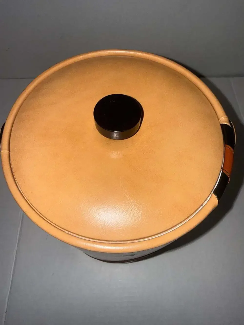 Vintage Georges Briard Mid-Century Modern‎ Tan Vinyl Striped Ice Bucket